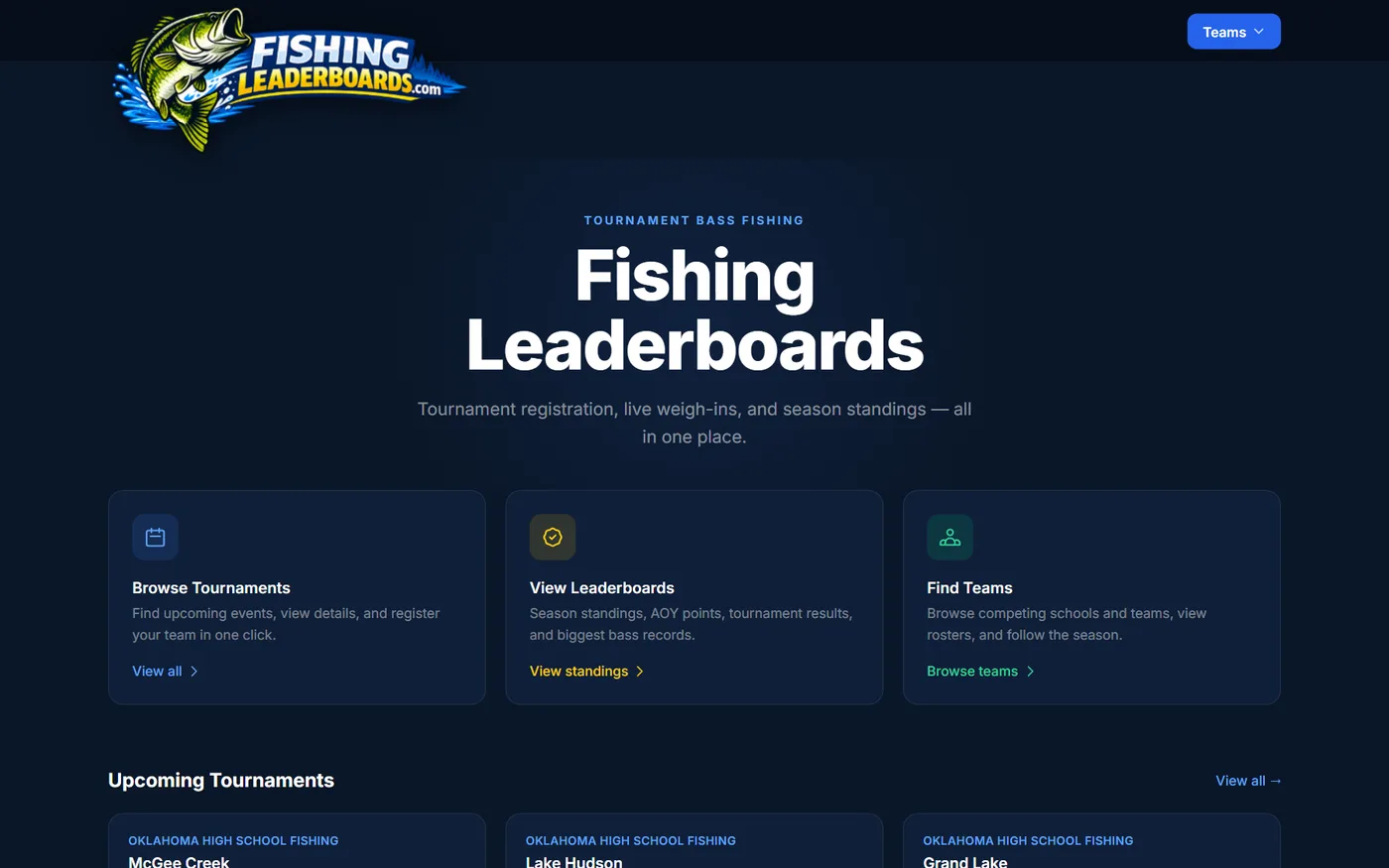 The fishingleaderboards.com home page: a dark, bold layout with the site logo, a large Fishing Leaderboards headline and links to tournaments, standings and teams.