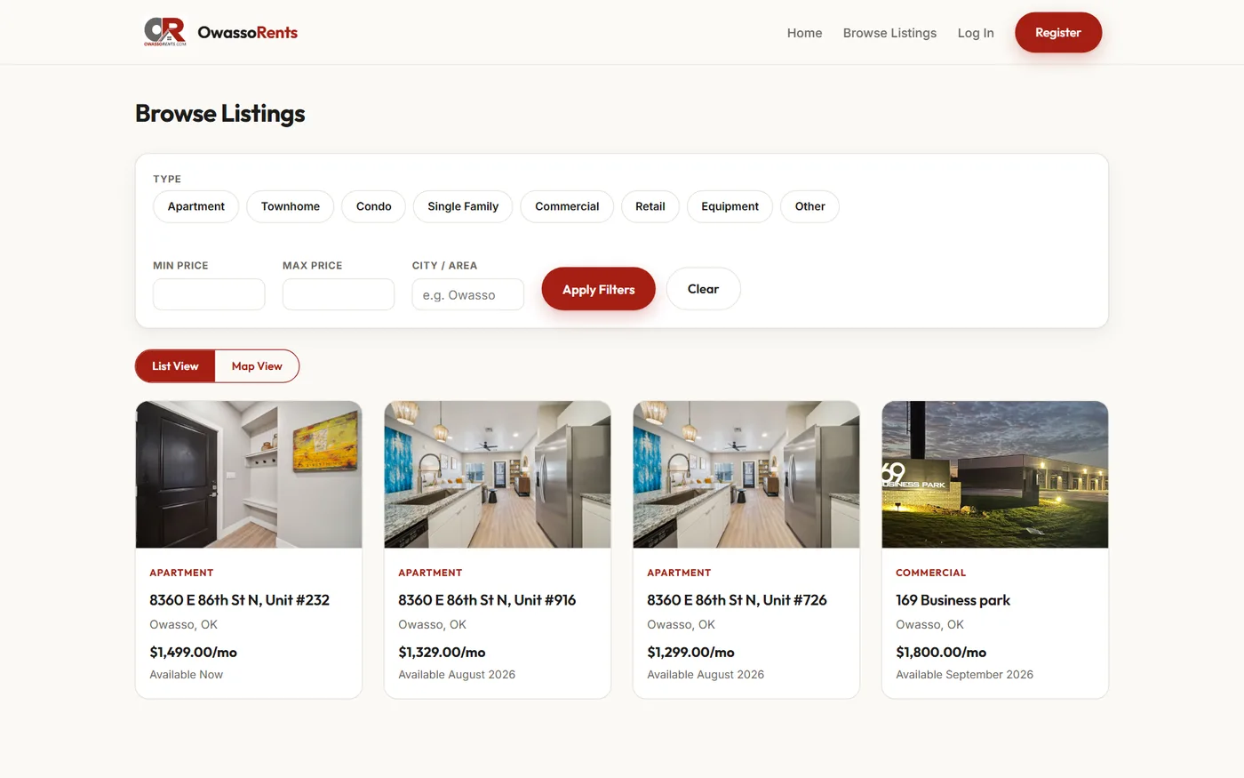 The owassorents.com listings page: filters for property type, price and area, a list or map view toggle, and rental listings with photos and monthly rent.