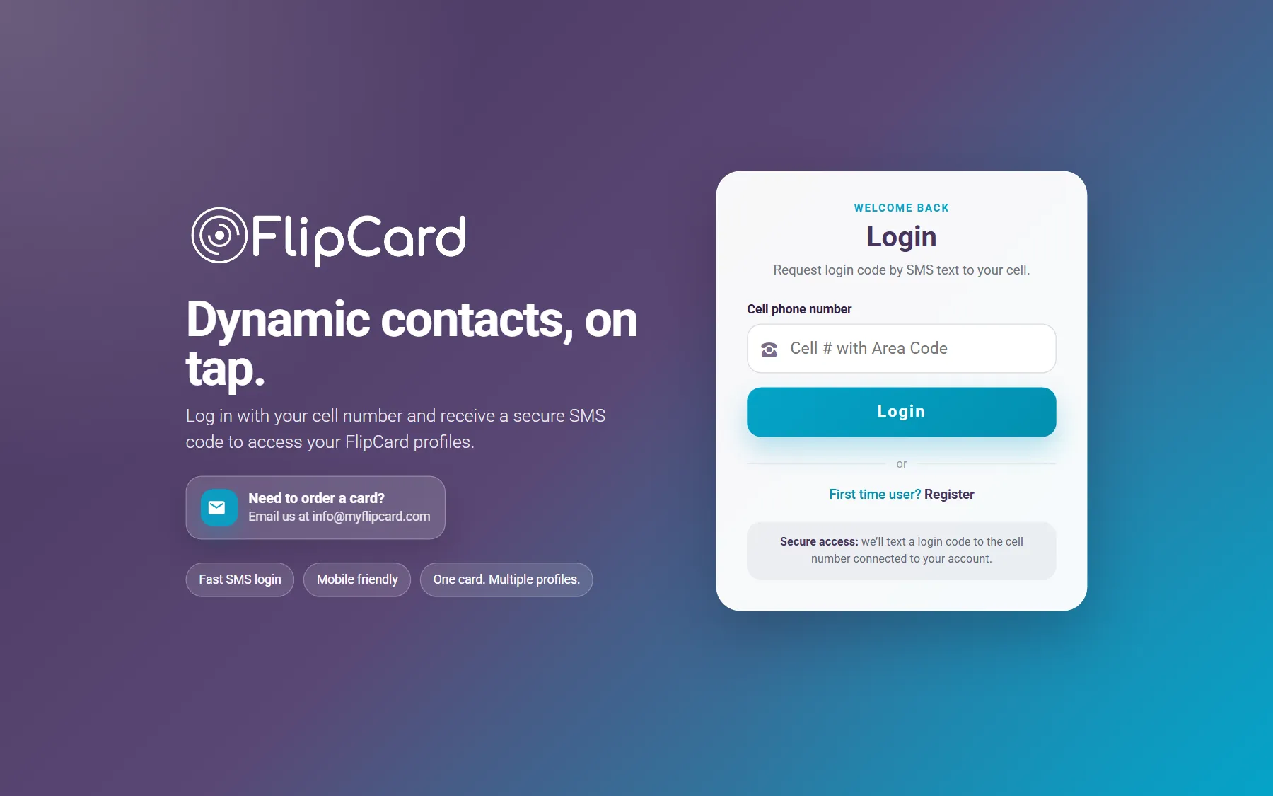 The FlipCard sign-in page: the FlipCard logo, the line Dynamic contacts, on tap, and a form to request a login code by text message.