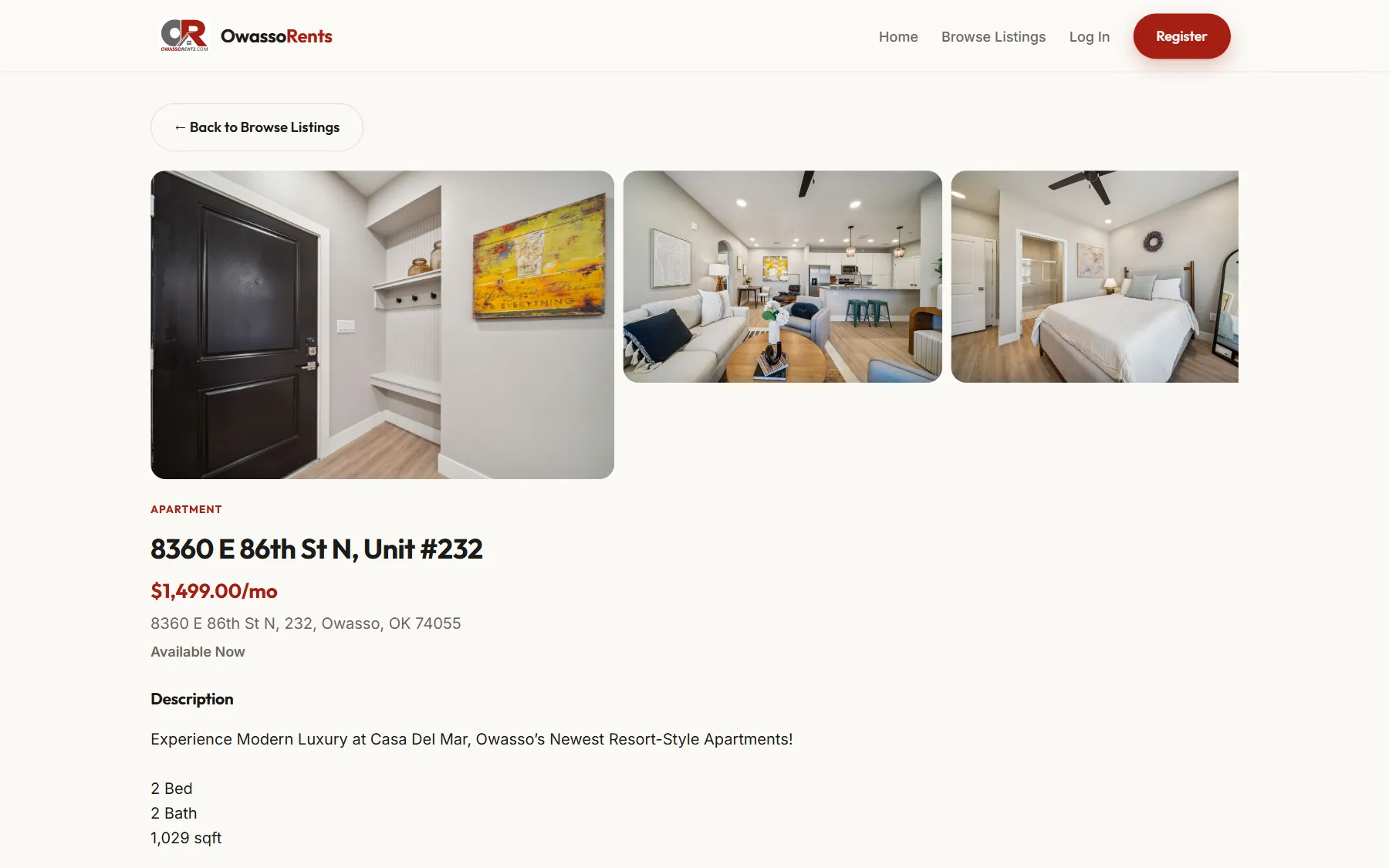 An owassorents.com listing page: a photo gallery of the apartment, the address, monthly rent, availability and a description.