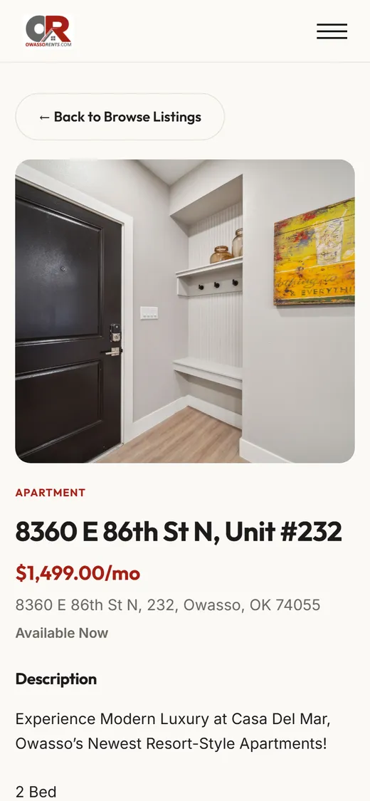 The same listing on a phone, with the photos and details stacked.