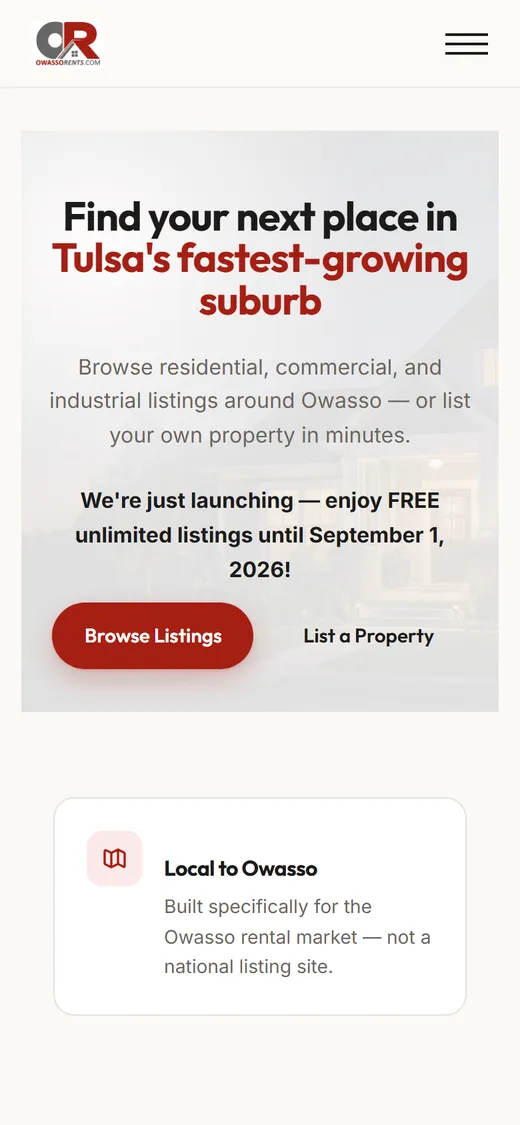 The same owassorents.com page on a phone, with the layout stacked for a small screen.